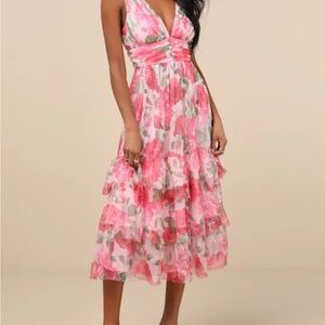Lulu’s Perfectly Divine Pink Floral Tulle Ruffled Midi Dress